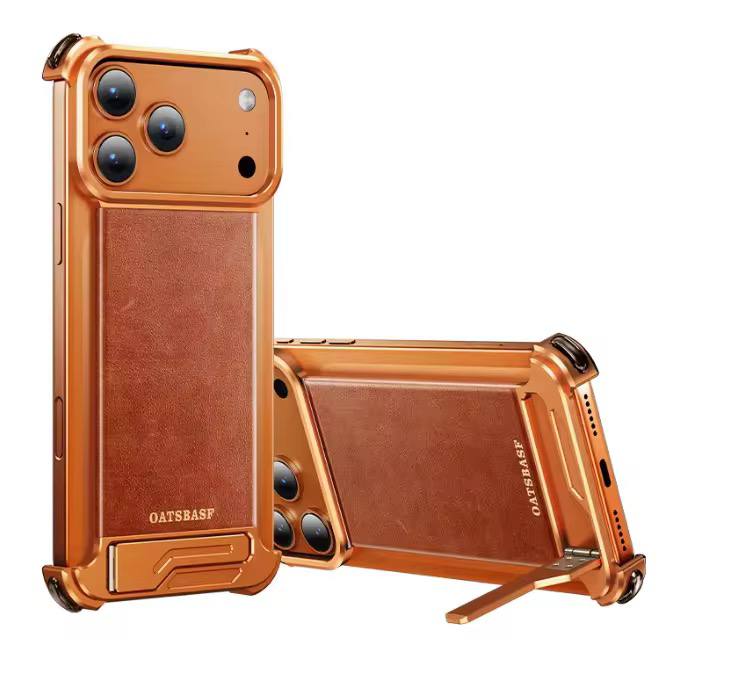 Luxury Magnetic Leather Phone Case for iPhone 17 Pro Max With Hidden Stand Frameless Aluminum Alloy Bumper Shockproof Cover