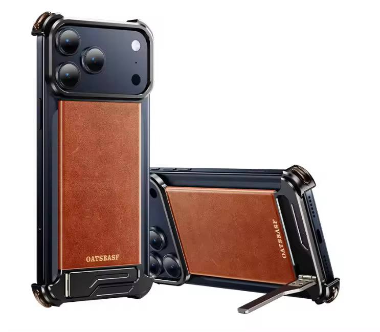 Luxury Magnetic Leather Phone Case for iPhone 17 Pro Max With Hidden Stand Frameless Aluminum Alloy Bumper Shockproof Cover