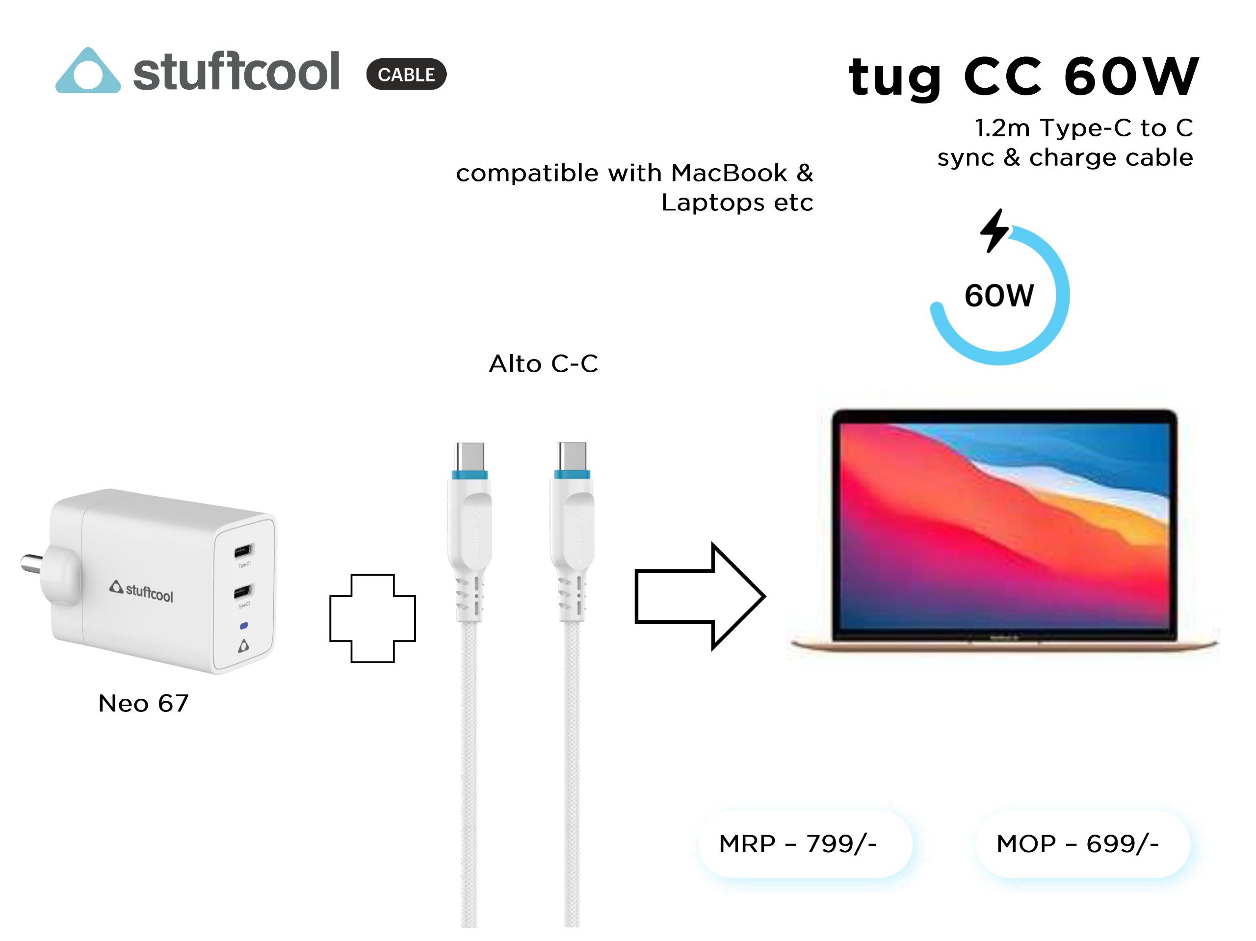 tug C-C 60W (3A) 1.2M Type-c to c Cable stuffcool
