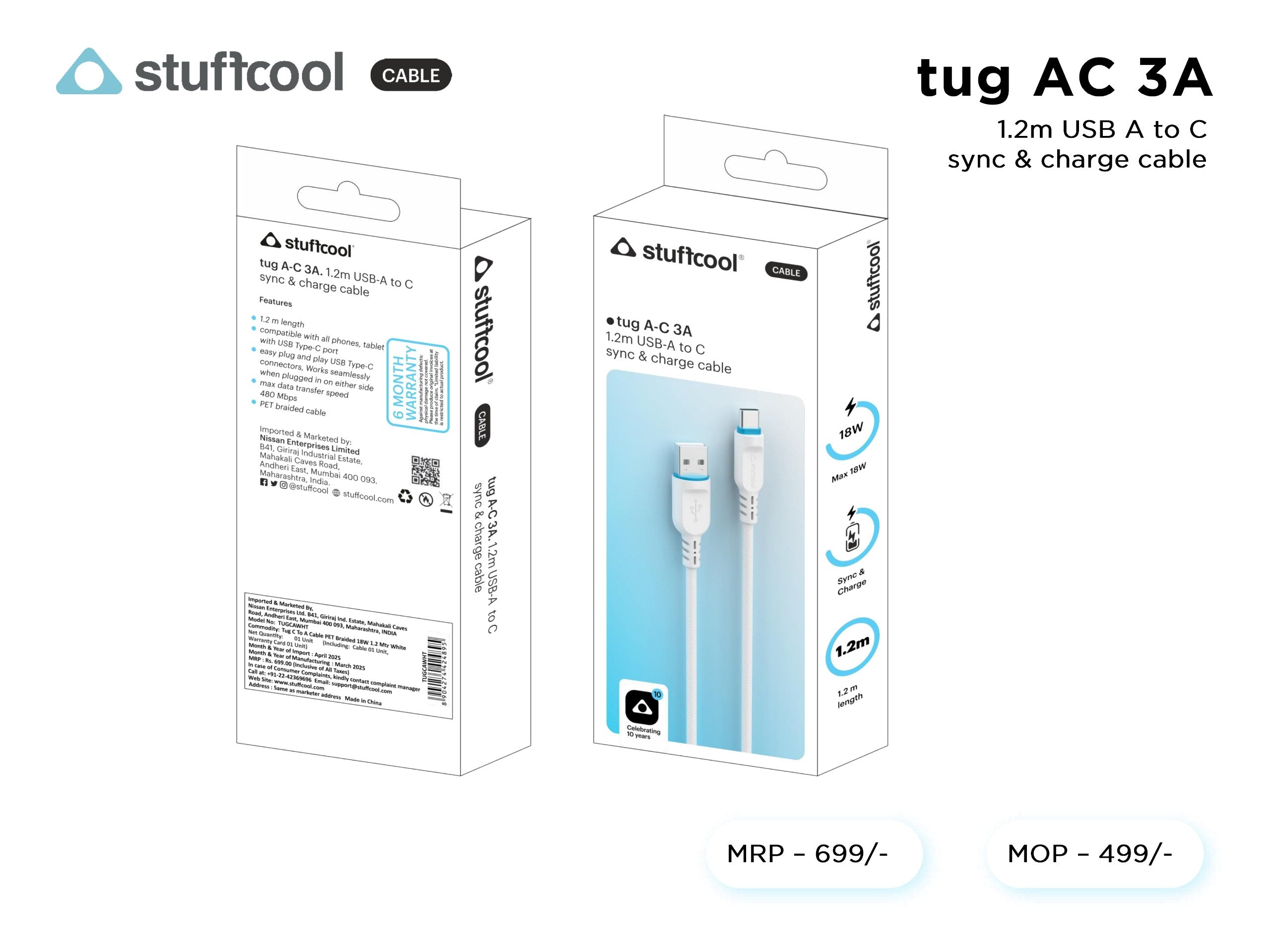 tug AC 3A 1.2M USB A to C CHARGE CABLE USB TO C stuffcool